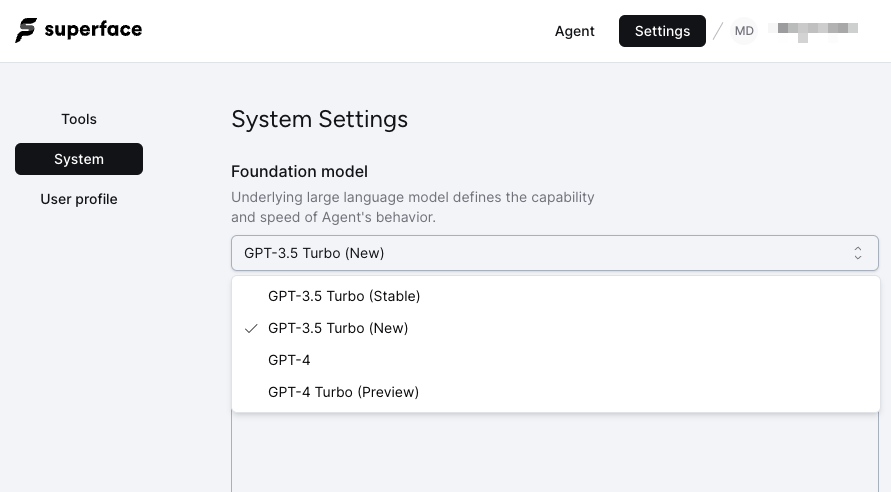 The Foundation model list is found on the System settings page