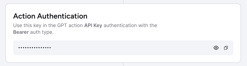The authentication token for the API Key field can be found in the GPT Actions settings page of Superface.