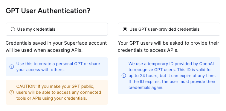 The authentication type selector in the GPT Actions setup page