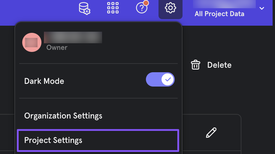 The project settings menu in Mixpanel
