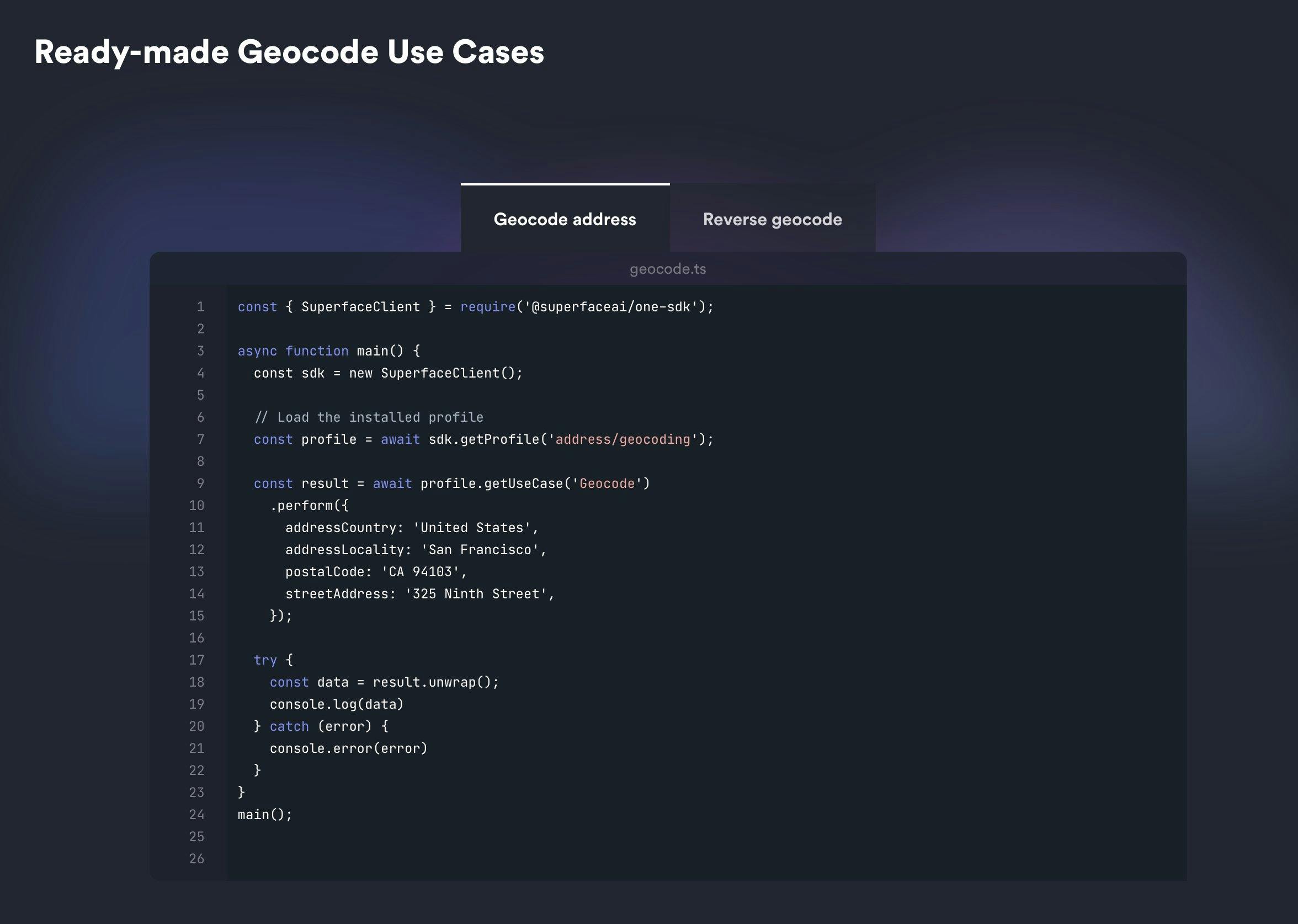 Screenshot of Ready-made Geocode Use Cases with example code