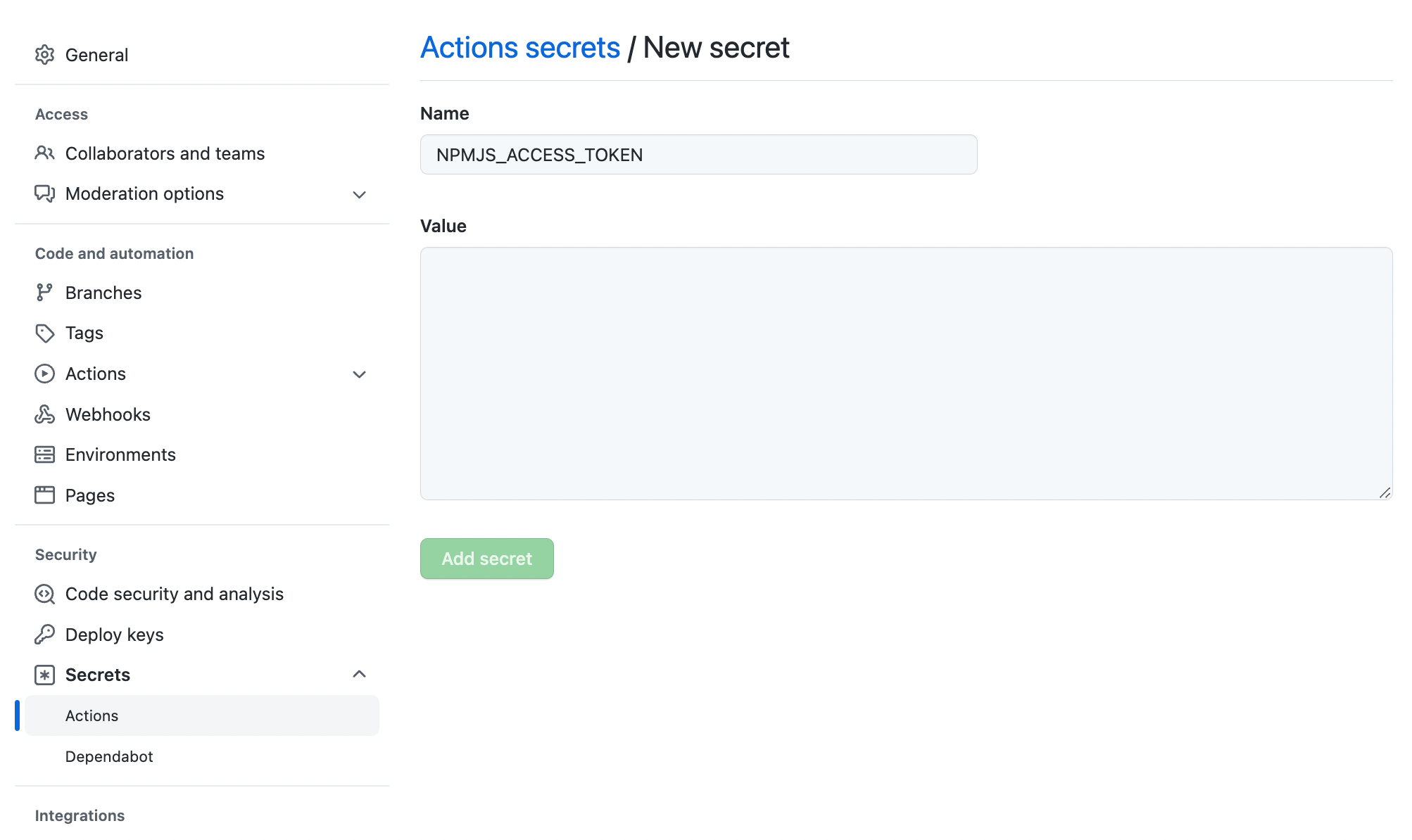 Screenshot of GitHub Secrets configuration.