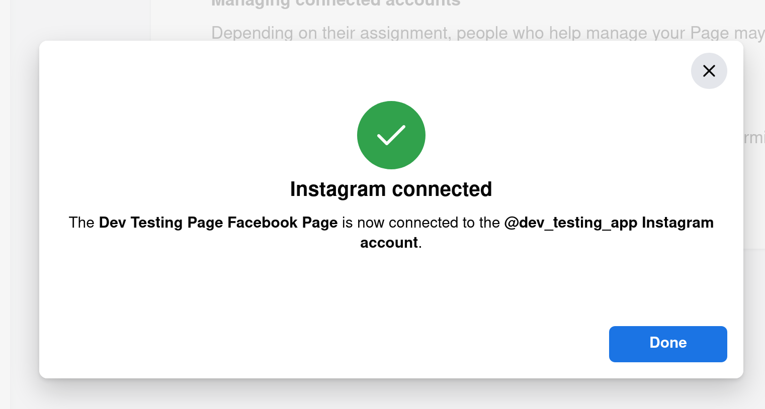 Success message: Instagram connected