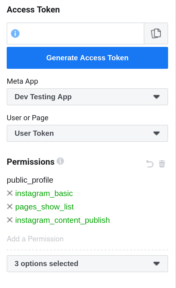 Detail of Graph API Explorer sidebar with selected Meta App, User Token, and required permissions