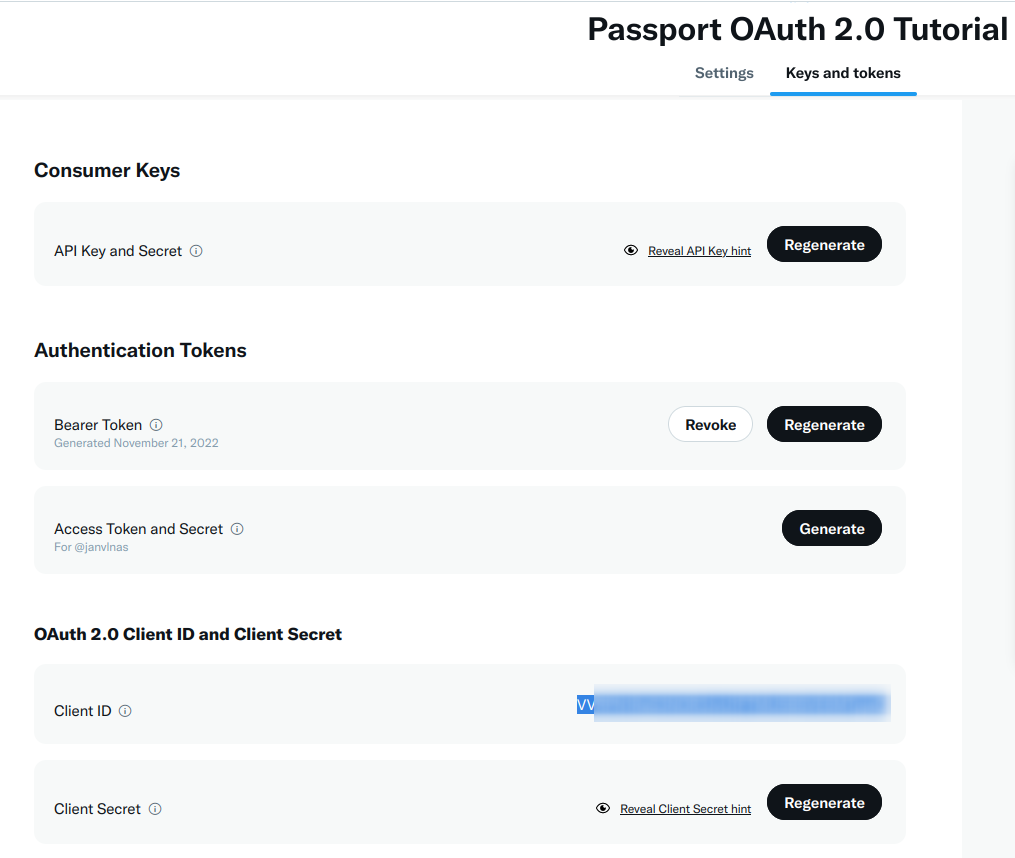 Detail of Keys and Tokens section in application settings, which includes OAuth 2.0 Clients and Secrets section. The Client Secret section allows displaying a hint or regenerate the secret.