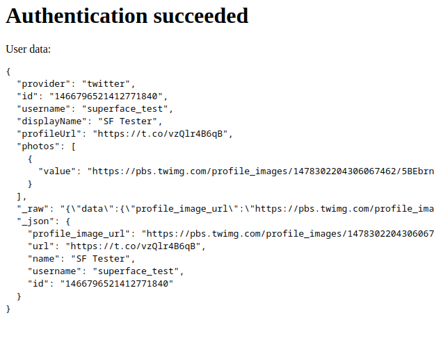 Page from the application with the title "Authentication succeeded" and a dump of user data loaded from authorized user's profile.