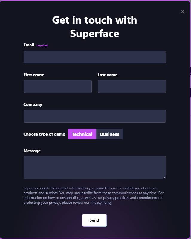 Contact form on superface.ai includes email, first and last name, company, message, and selection of demo.