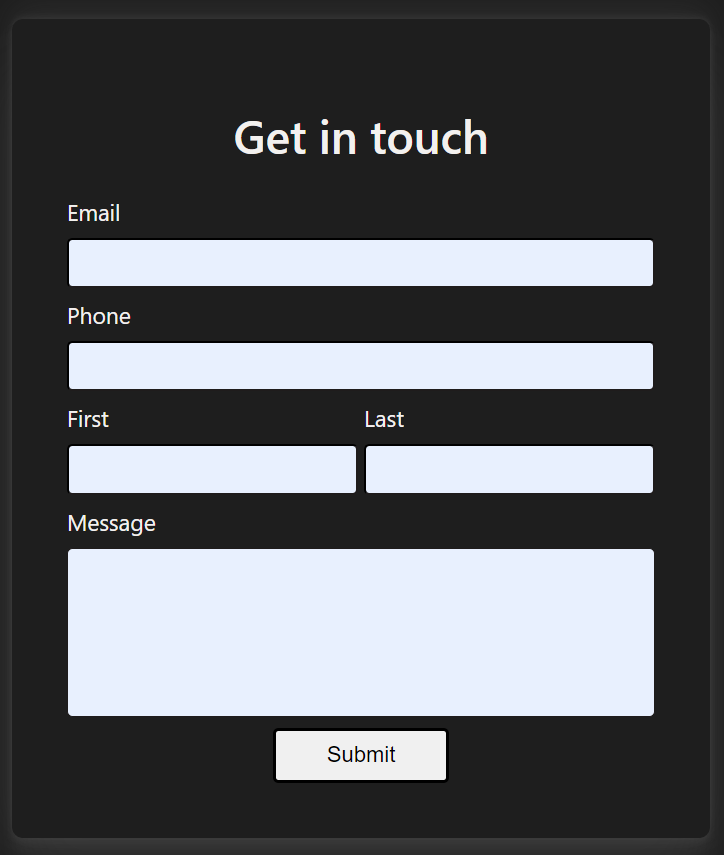 Styled form with Email, Phone, First name, Last name, and Message