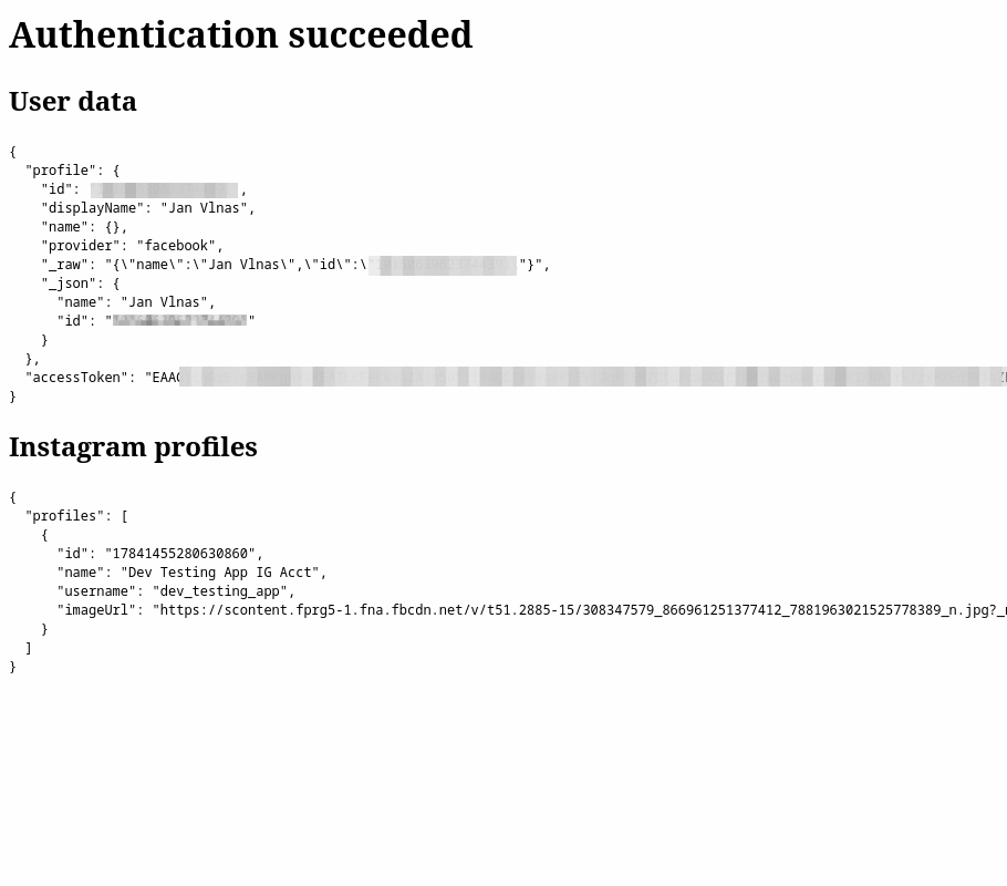 Screen from the example application with a header “Authentication succeeded”. Below the heading there are User data with user's display name, ID, and access token, and Instagram profiles with profile's ID, name, username, and avatar image URL.