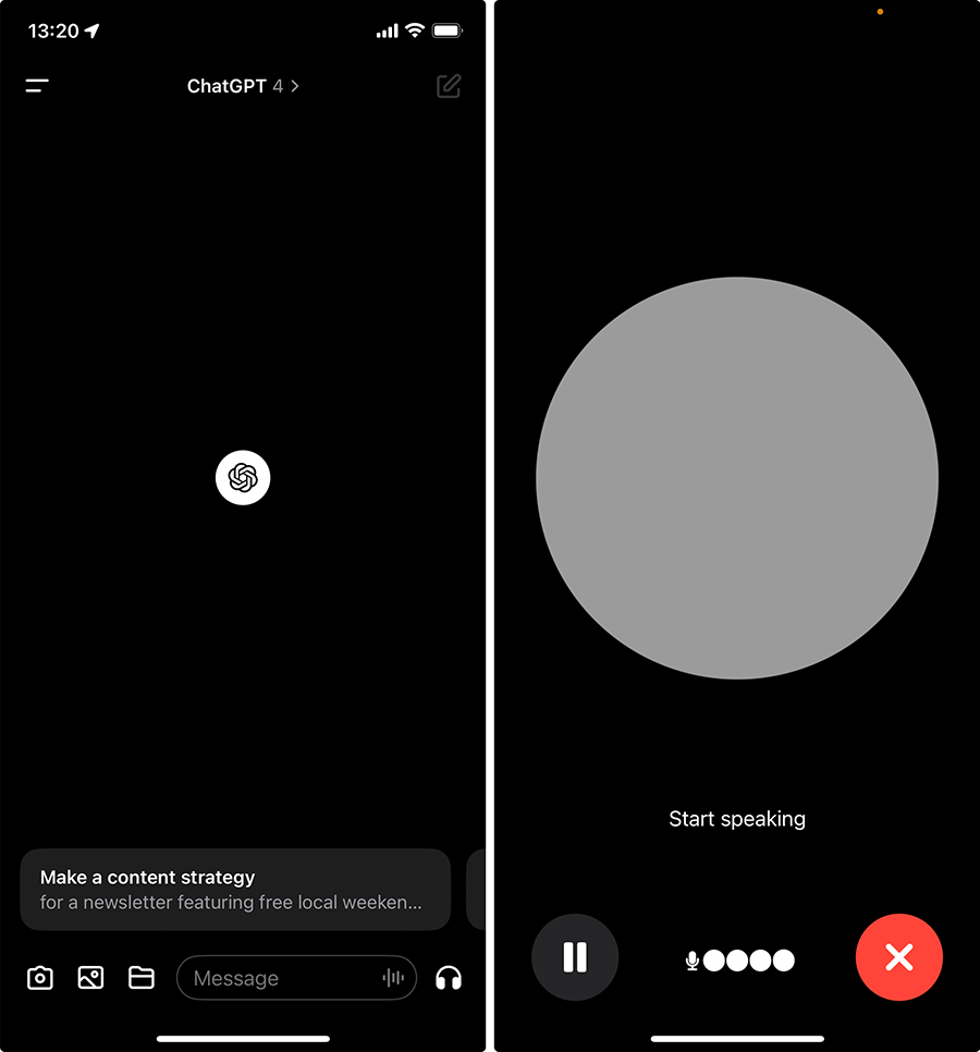 The text and voice input screens in the ChatGPT application