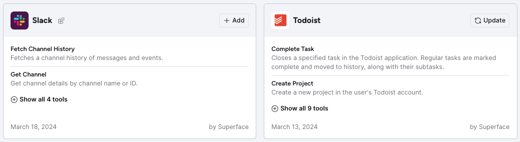 The Todoist tool in the Superface interface
