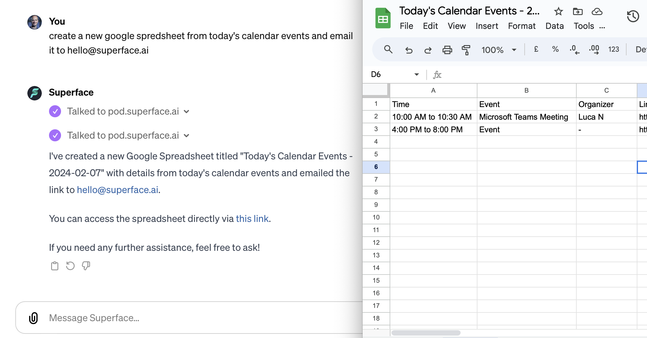 Today's calendar events brought in directly from Google Calendar